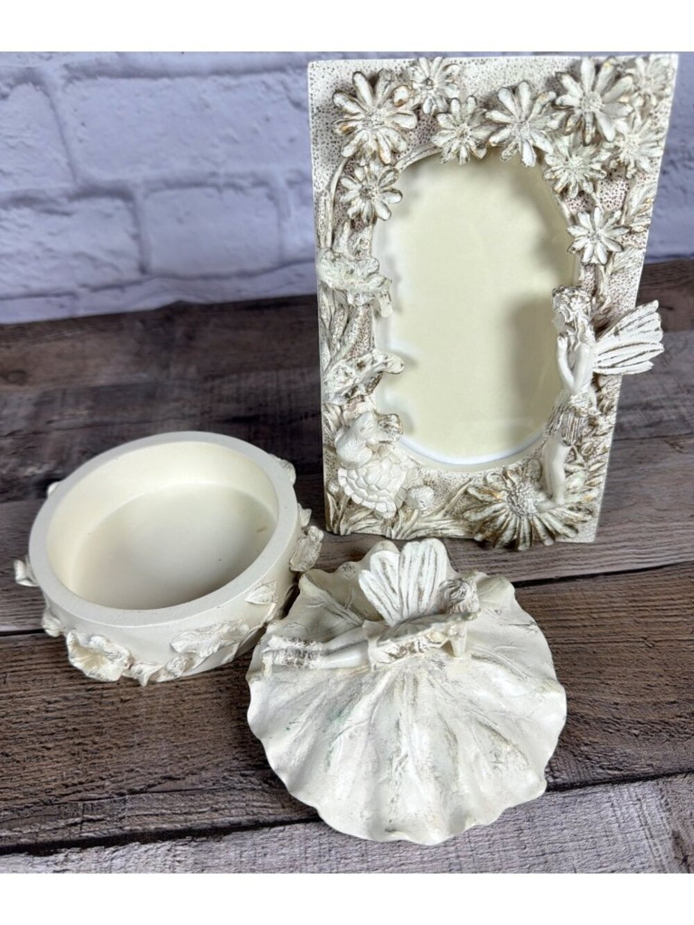 VTG 1990s Fairy Daisy 3D Ivory Resin Set Picture Photo Frame Lidded Trinket Box - Picture 6 of 15
